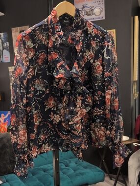 Bardot Navy Floral Ruffle Blouse